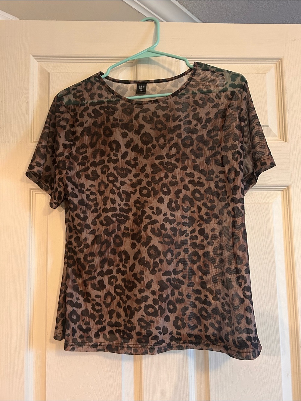 SHEIN Brown Leopard Mesh Short Sleeve Top